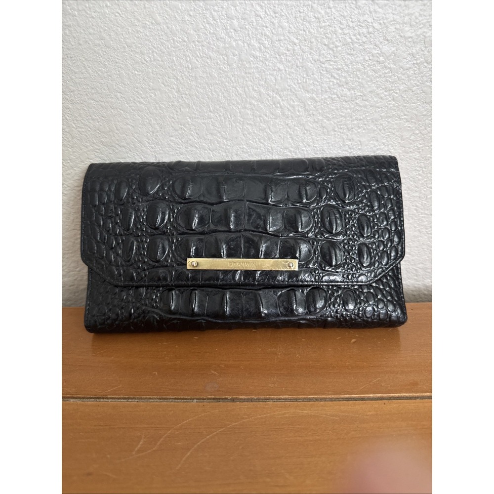 Brahmin Black Melbourne Tri Fold Wallet Croc Embossed Leather  Pre-Owned